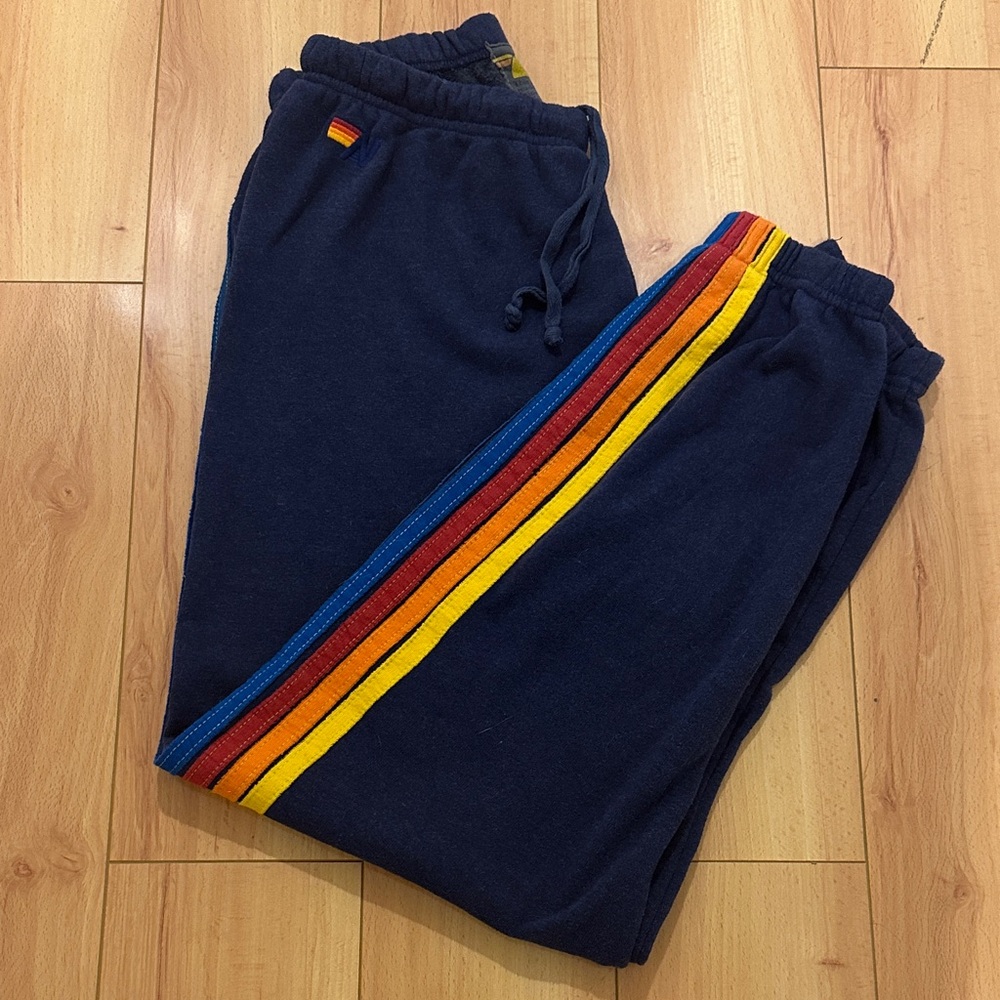 Aviator Nation Five Stripe Sweatpants, Navy Blue, Size Large